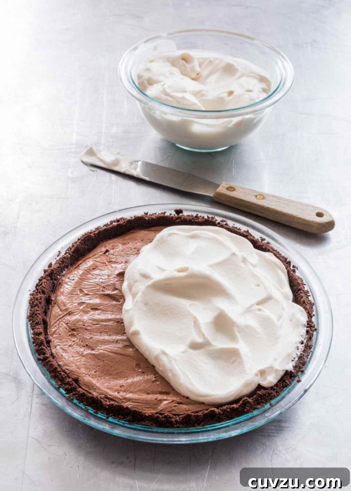 Tropical Coconut Dream Pie 11 A rich dark chocolate cream pie, partially covered with swirls of whipped cream, with a serving knife and a bowl of extra whipped cream placed alongside.