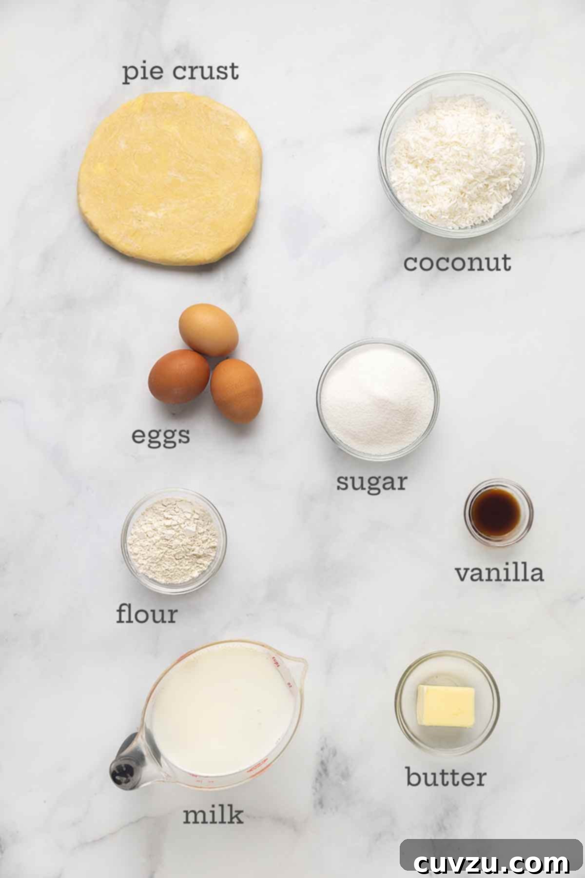 Tropical Coconut Dream Pie 4 A selection of ingredients for a coconut cream pie, including a pie crust, fresh coconut, eggs, sugar, flour, milk, butter, and vanilla extract.
