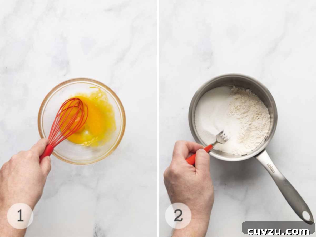 Tropical Coconut Dream Pie 5 A man's hand whisking egg yolks in a bowl; a man's hand stirring flour, salt, and sugar in a saucepan.