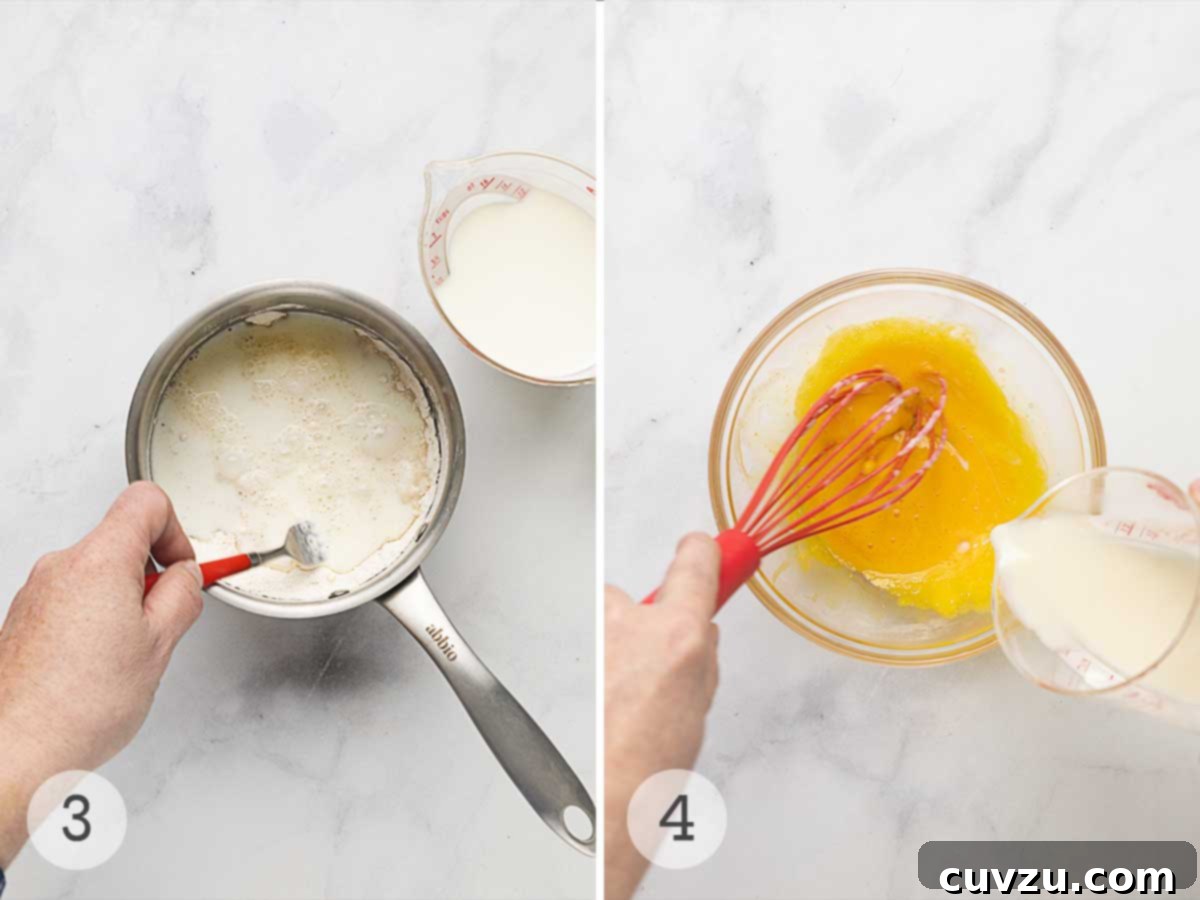 Tropical Coconut Dream Pie 6 A man's hand mixing flour, salt, sugar, and milk in a saucepan; a man's hand whisking hot milk into egg yolks.