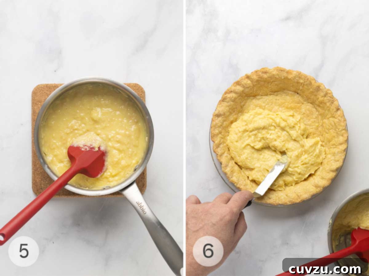 Tropical Coconut Dream Pie 7 A saucepan filled with coconut custard; a man's hand spreading coconut custard into a baked pie shell.