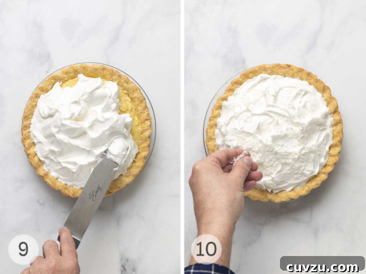 Tropical Coconut Dream Pie 9 A coconut cream pie with meringue being slathered on it; the same pie being sprinkled with shredded coconut.