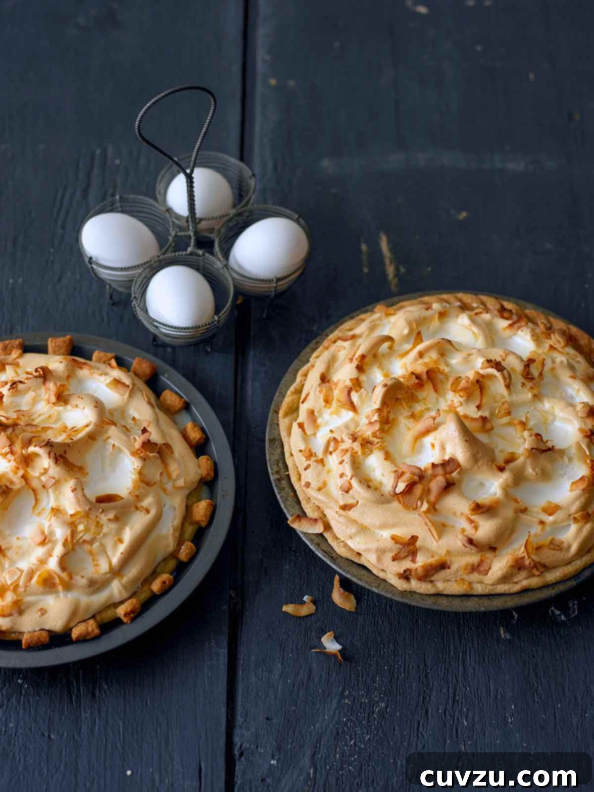 Tropical Coconut Dream Pie 10 Two coconut cream pies with meringue tops, golden pastry crusts, and generously sprinkled with shredded coconut, showcasing their irresistible appeal.