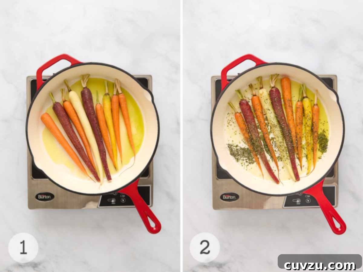 Slow-Simmered Orange Rosemary Carrots 6 Small, scrubbed carrots in a skillet, seasoned with fresh rosemary, ready for braising.