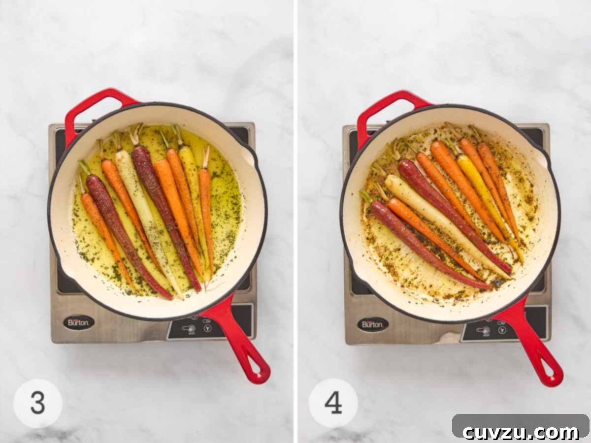 Slow-Simmered Orange Rosemary Carrots 7 Two sequential images showing carrots cooking in a skillet: one with herbs, oil, and butter, and another where orange juice and water have been added for braising.
