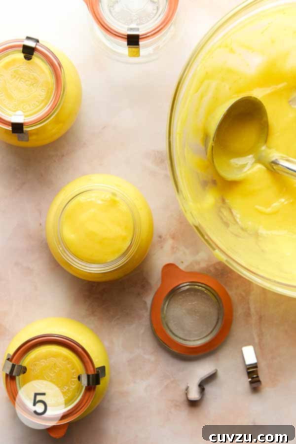 Meyer Lemon Curd: Zesty Citrus Delight 9 Jars of cooked Meyer lemon curd, with a larger bowl and ladle nearby for filling.