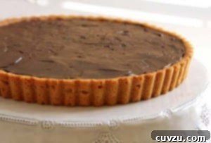 Sweet peanut butter cookie tart crust filled with chocolate ganache, on a white plate