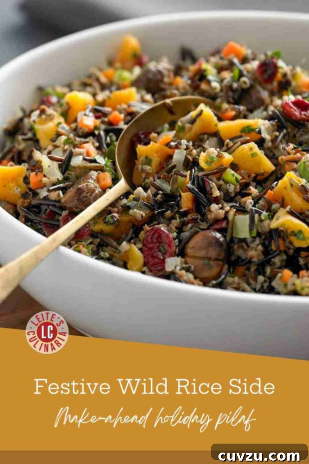 Wild rice pilaf in a ceramic bowl with roasted chestnuts, dried cranberries, and fresh parsley, ready to serve for a holiday feast.