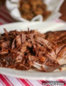 A plate of shredded Coca-Cola brisket with a fork resting in the meat.