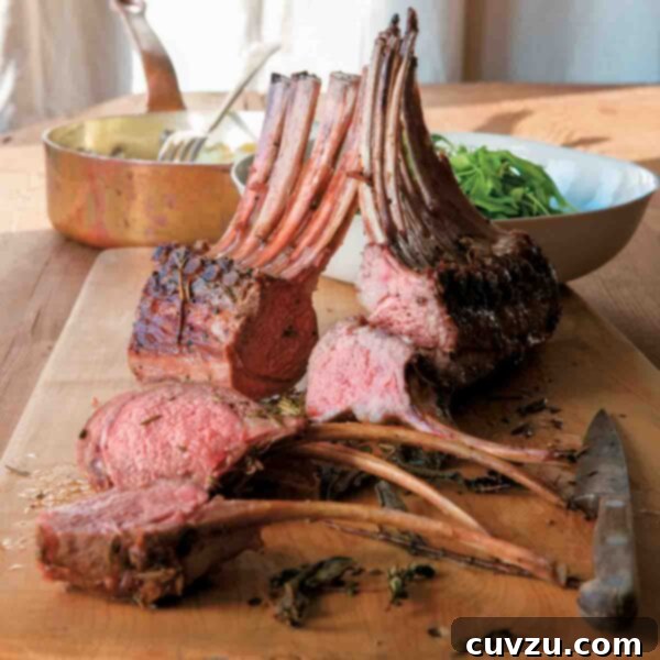 Cutting board with a sliced rack of spring lamb with rosemary, knife, bowl of salad.