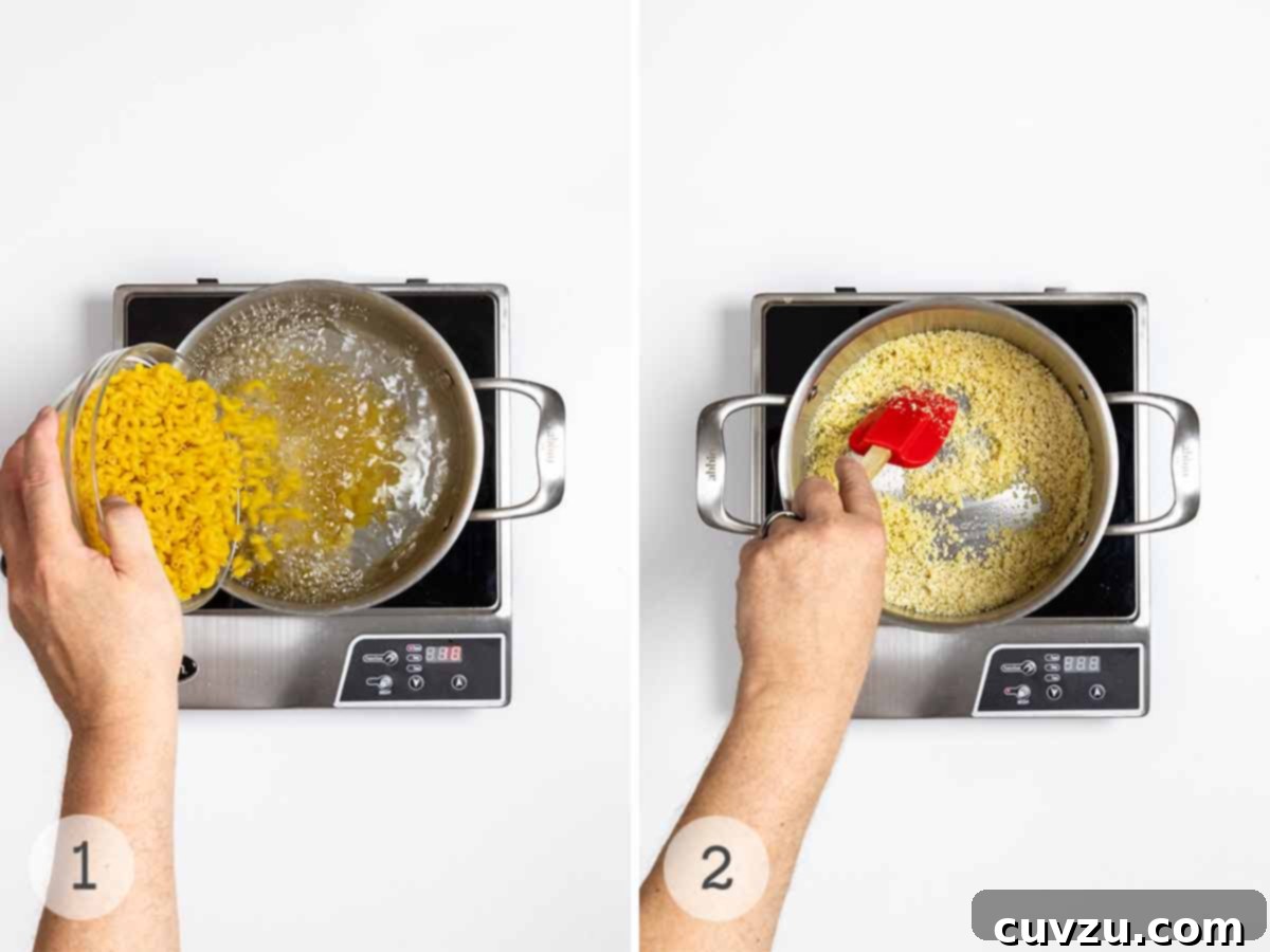 A man's hand pouring elbow macaroni into a pot of boiling water; a man's hand stirring panko, butter, and parmesan cheese in a pot.