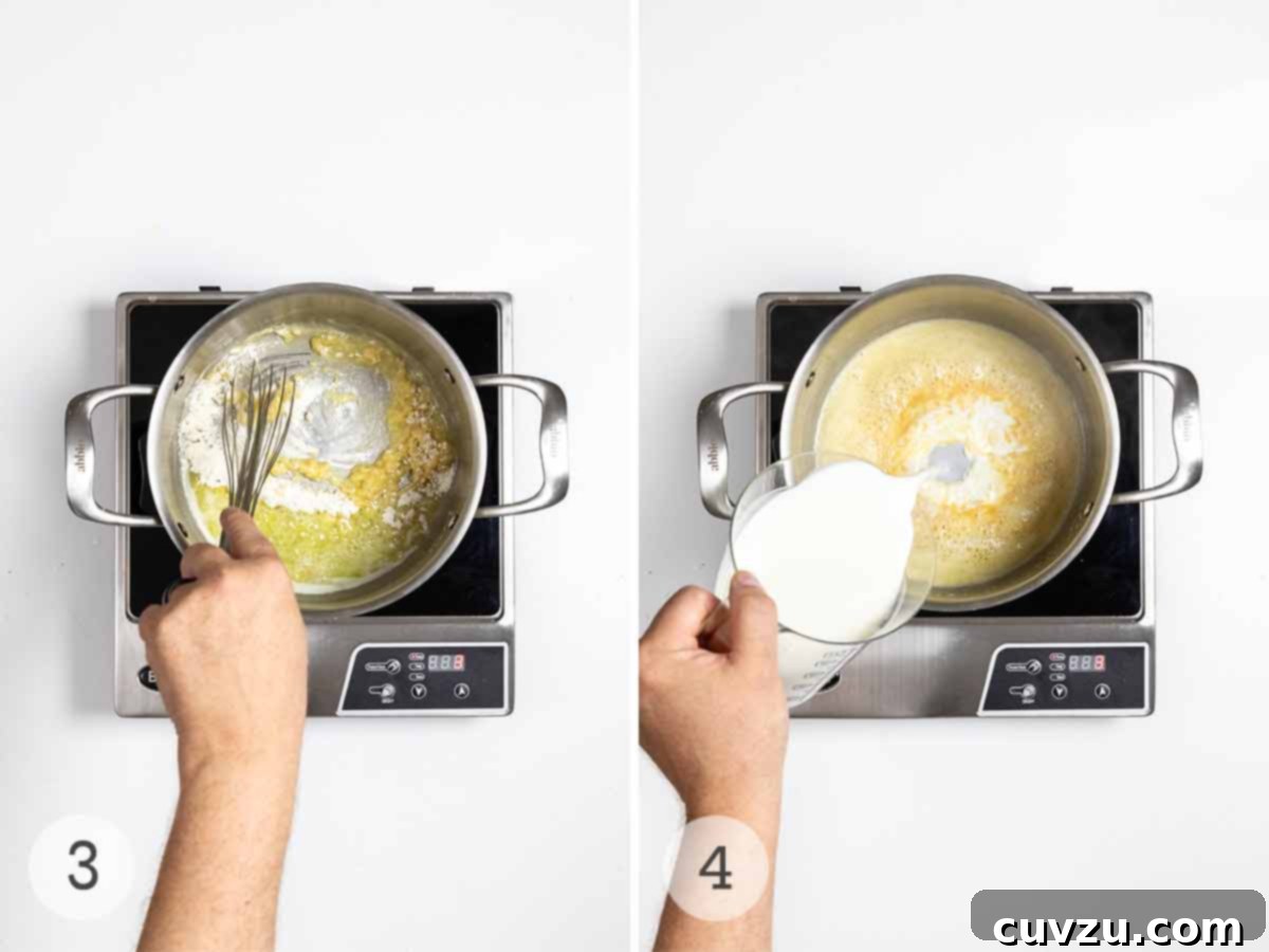 A man's hand stirring flour and melted butter in a pot; a man's hand pouring milk into a pot of melted butter and flour.