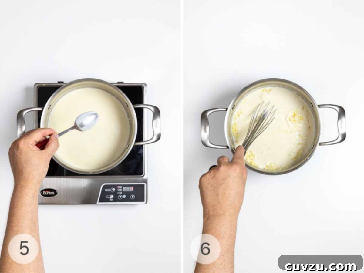 A man's hand holding a spoon over a pot of bechamel sauce; a man's hand whisking cheese into a pot of bechamel sauce.