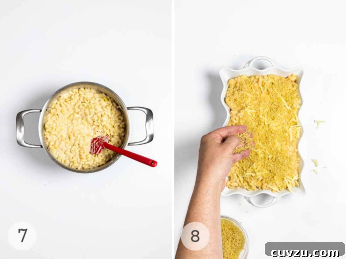A pot of macaroni and cheese; a man's hand sprinkling panko breadcrumbs on a pan of mac and cheese.