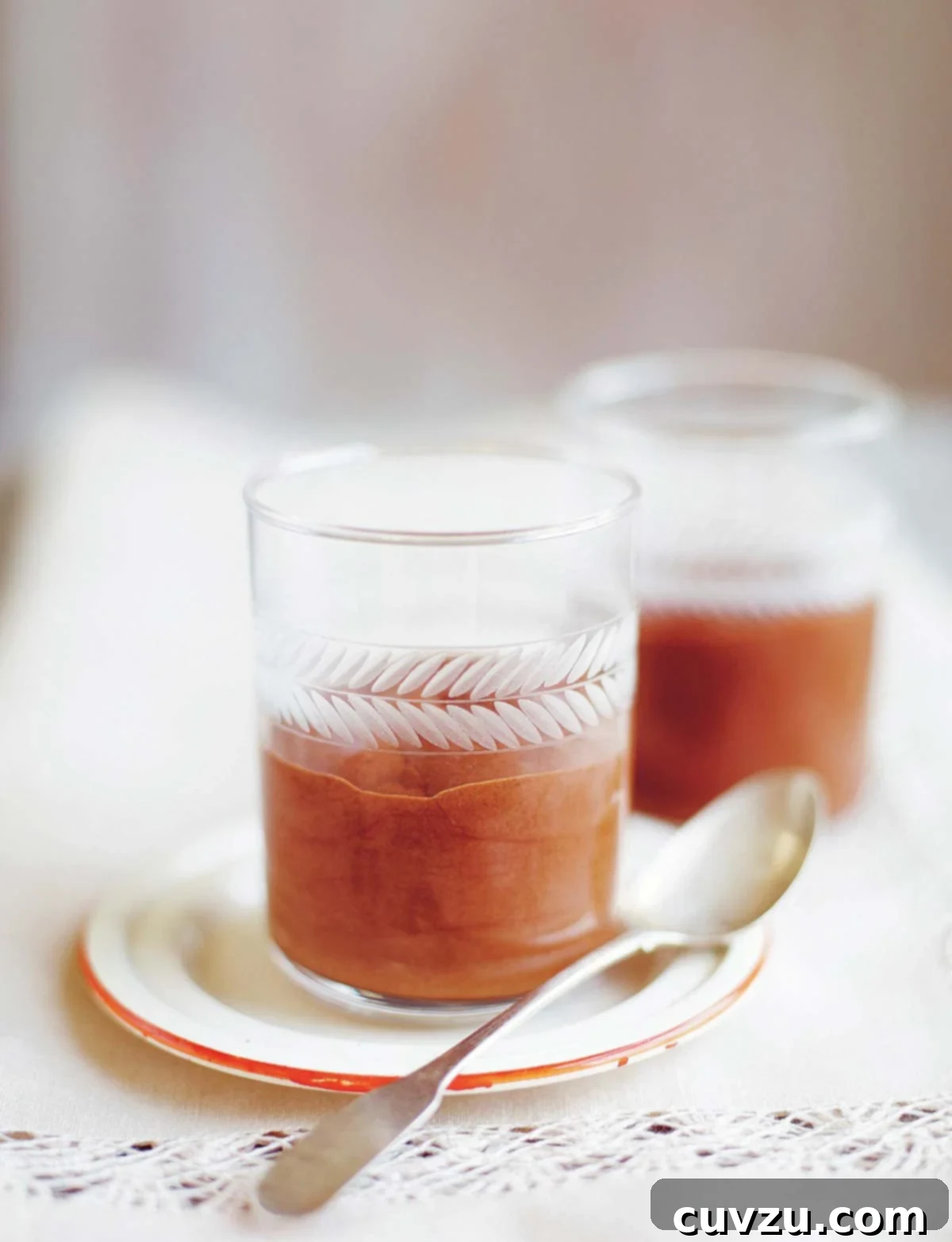 Velvet Chocolate For Me 2 Two individual servings of creamy, dark chocolate mousse presented elegantly in small glass tumblers, accompanied by a silver spoon on a small decorative plate.