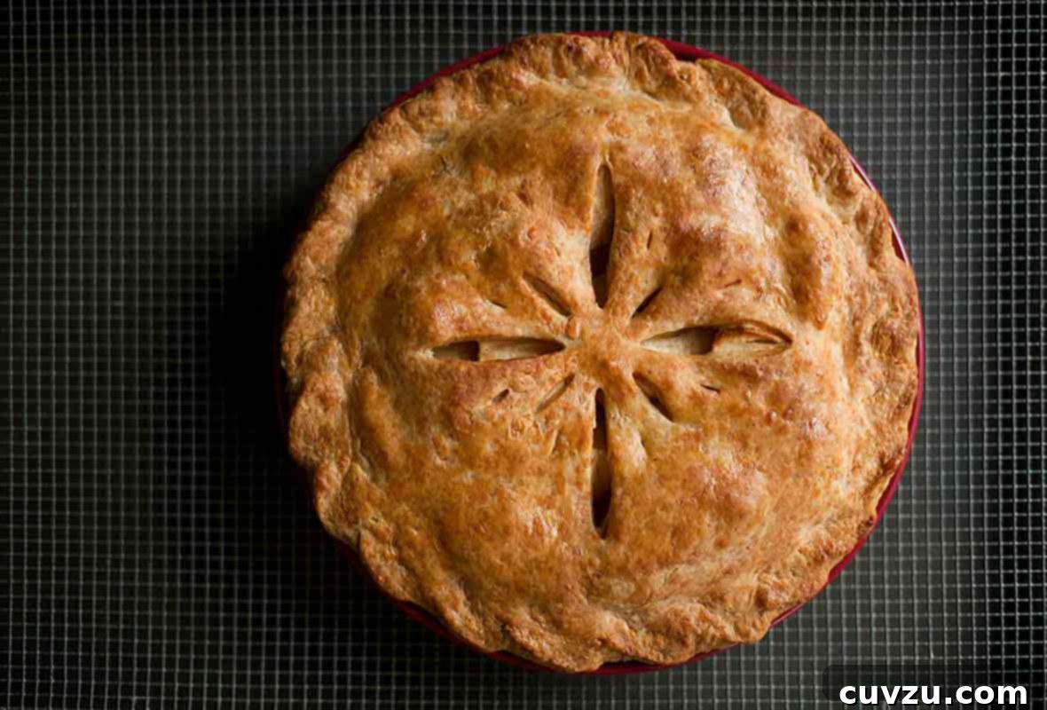 Sweet and Savory Cheddar Apple Pie 3 A close-up of an apple pie with a savory Cheddar crust, sliced open to reveal the perfectly cooked Golden Delicious apples. The golden pastry and rich filling promise a delicious experience.