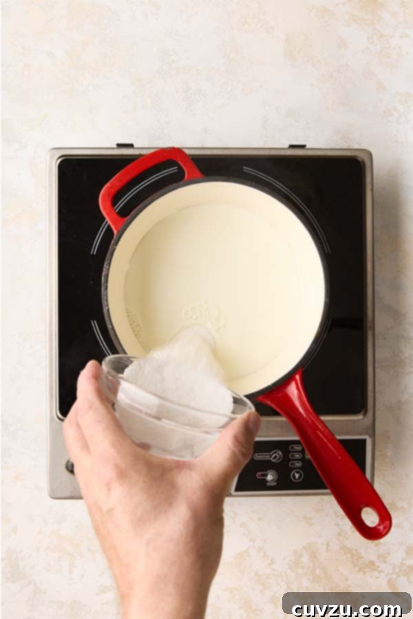 Authentic Italian Creamy Pistachio Gelato 7 Pouring the sugar and xanthan gum mixture from a glass bowl into a red pot filled with whole milk.