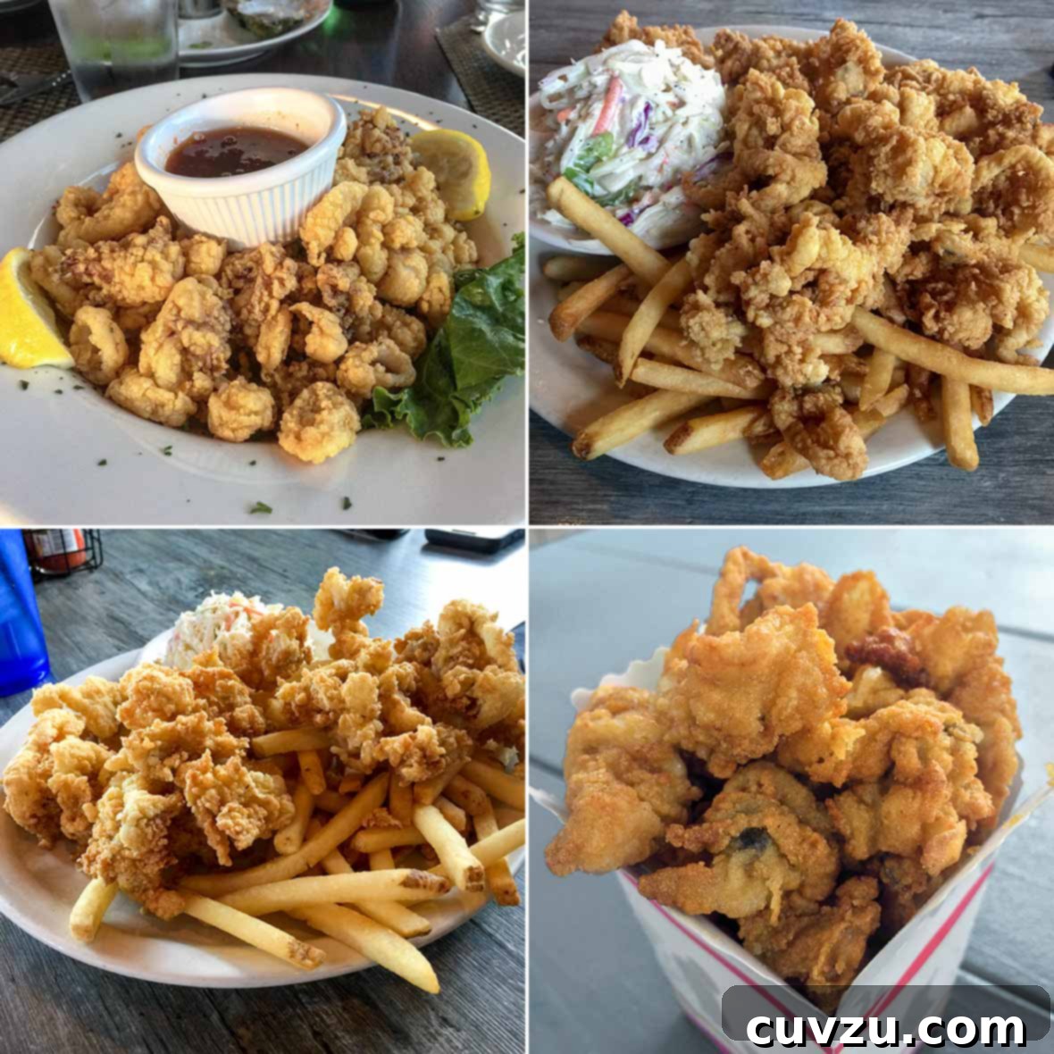 Crispy Coastal Clams 2 Four various photos of fried clams served in different restaurants.