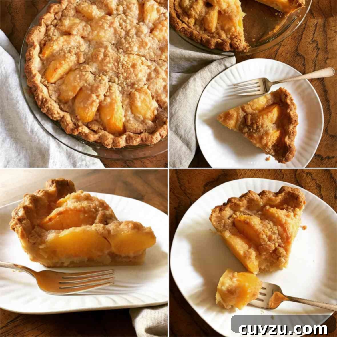 Luscious Peach Crème Fraîche Pie 3 Four artistic close-up shots showcasing the rich texture and vibrant colors of a freshly baked Peach and Crème Fraîche Pie.