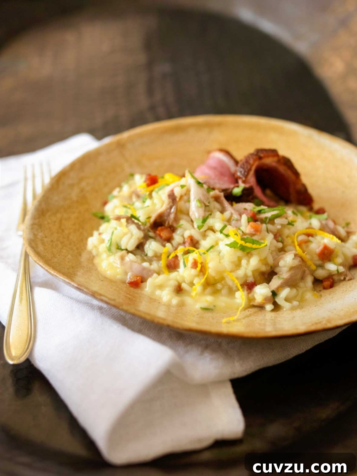 A Taste of Portugal Duck Risotto 2 A wide ceramic bowl filled with Portuguese duck risotto, topped with orange zest and parsley, inviting a sensory delight.