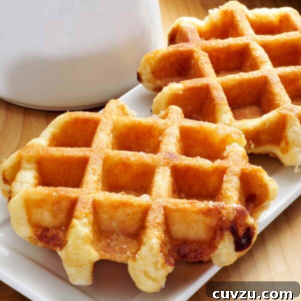 Two authentic Belgian Liège waffles on plates, with a pitcher of cream in the background.