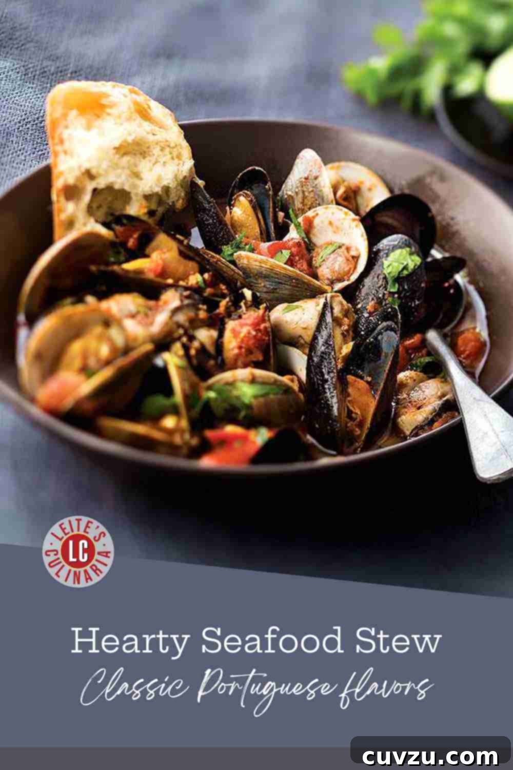 Hearty Portuguese Fish Pot 3 A rustic bowl filled with a vibrant seafood stew, featuring open mussels and clams, alongside chunks of fish and a slice of crusty bread for dipping, evoking a sense of cozy indulgence.