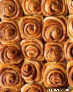 A close-up of baked cinnamon rolls glistening with honey butter.