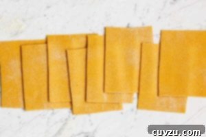 Golden Pumpkin Pasta Dough 7 Neatly cut rectangles of pumpkin pasta dough ready for use.