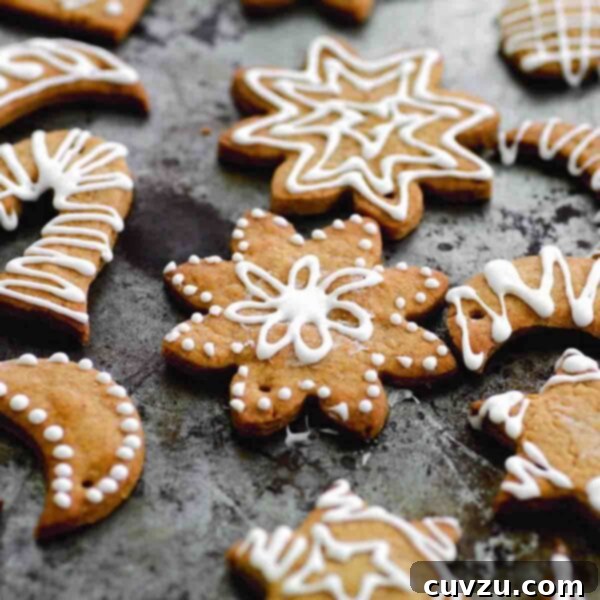 Sugar Christmas snow cookies, in various shapes, decorated with white icing.