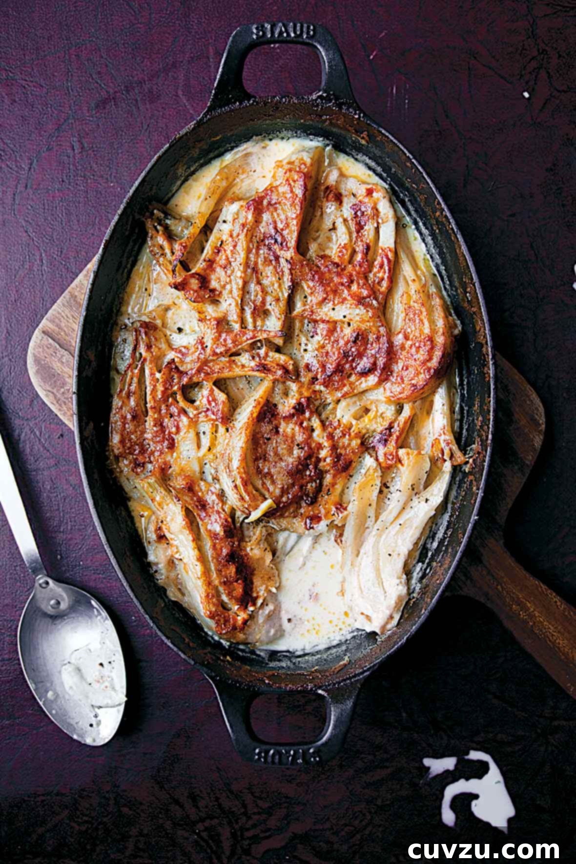 Velvet Fennel Gratin 2 A rustic cast-iron baking dish filled with golden-brown fennel baked in cream, served on a natural wooden board.