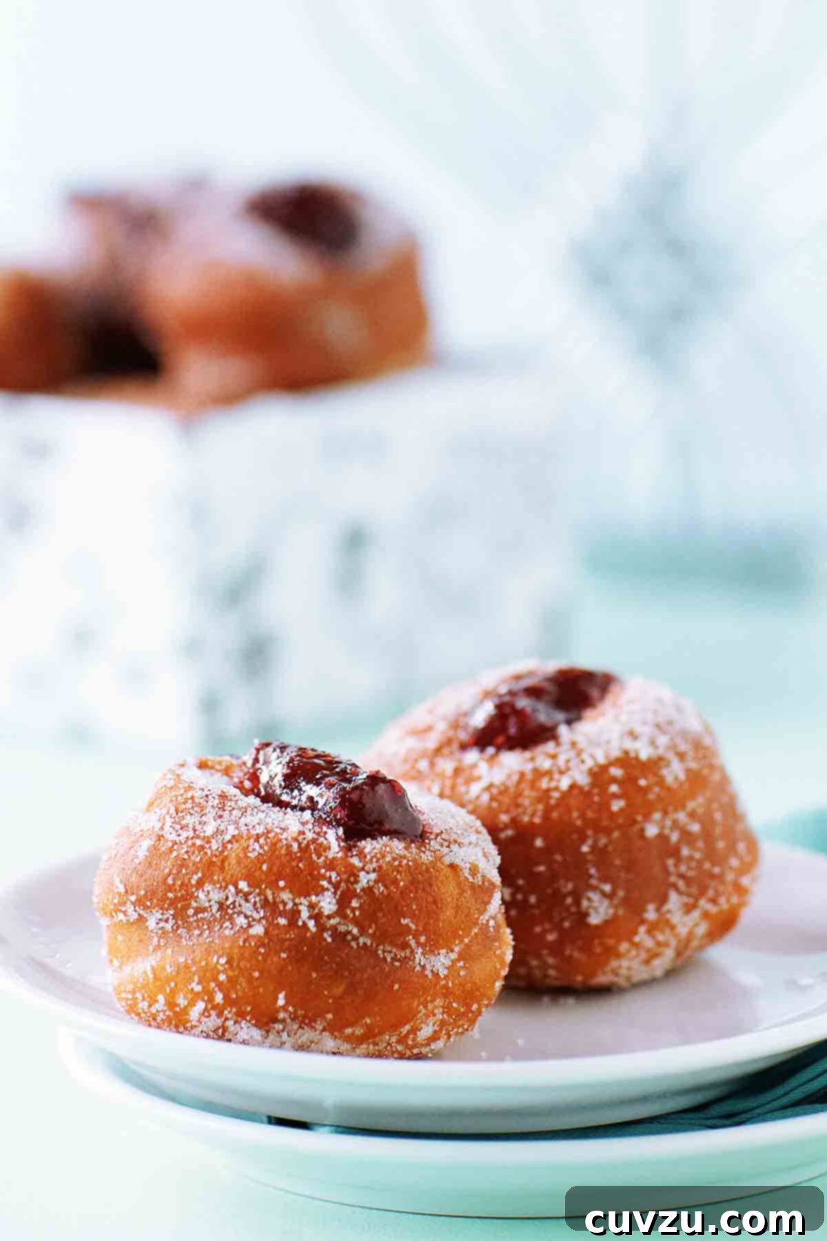 Homemade Hanukkah Delights 3 A white plate with two jelly-filled sufganiyot doughnuts.
