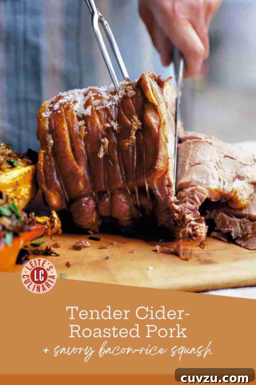 Melt-in-Your-Mouth Pork Shoulder with Golden Stuffed Squash 3 A person expertly slicing a piece of rich, golden-brown slow-roasted pork shoulder, with two halves of beautifully stuffed winter squash, glistening with savory rice, beside it.