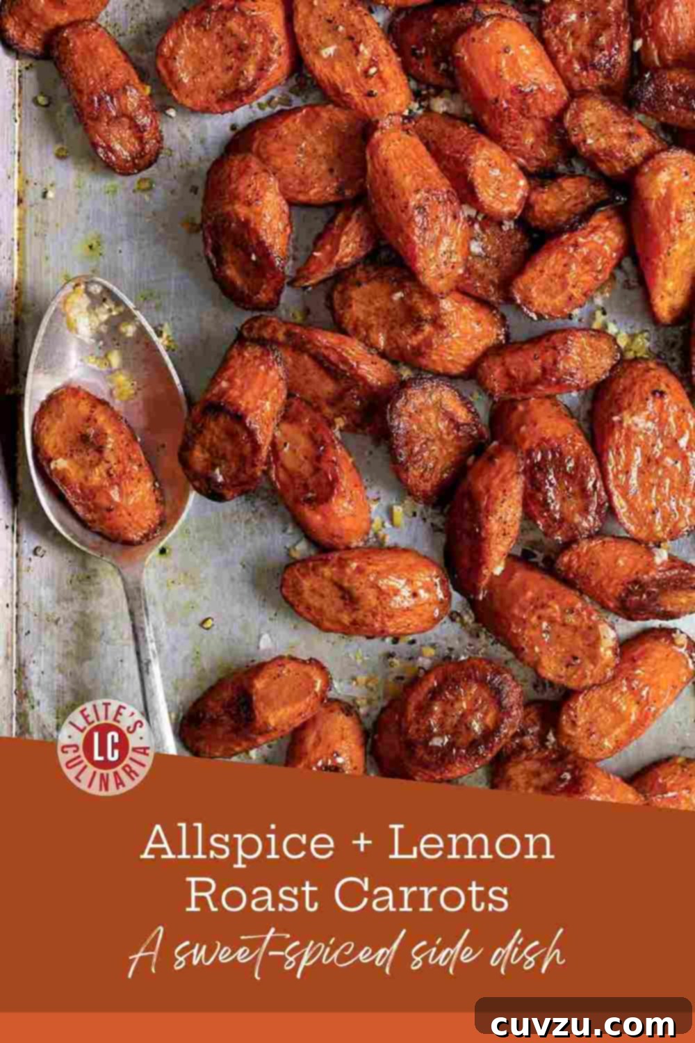 Allspice-Kissed Roasted Carrots 3 Roasted carrots with allspice, bright yellow preserved lemon pieces, and fresh minced garlic, served warm on a rimmed baking sheet, ready for the table.