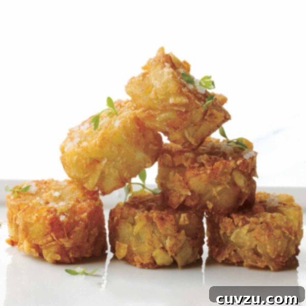 A stack of six homemade tater tots, perfectly seasoned with sea salt, gleaming golden and crisp, ready to be served.