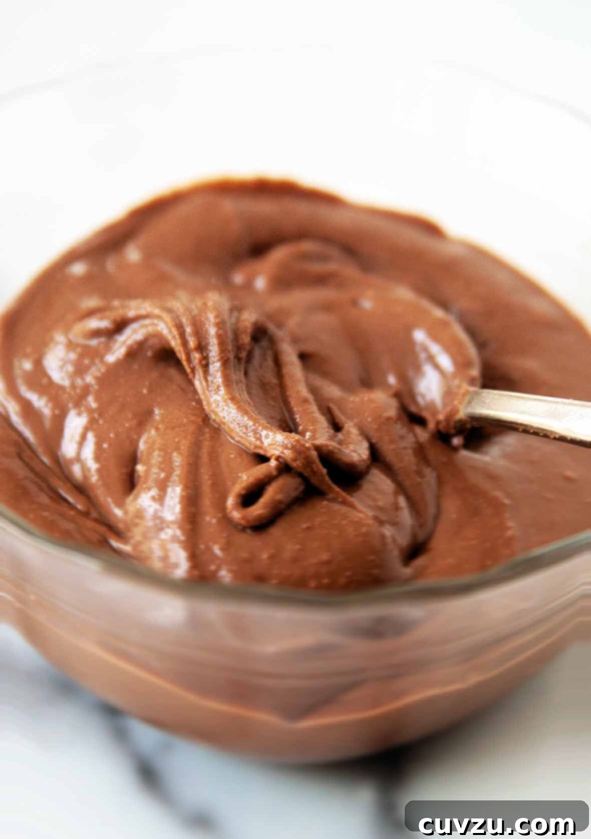 Decadent Chocolate Hazelnut Spread 3 A bowl of homemade nutella with a spoon resting in it