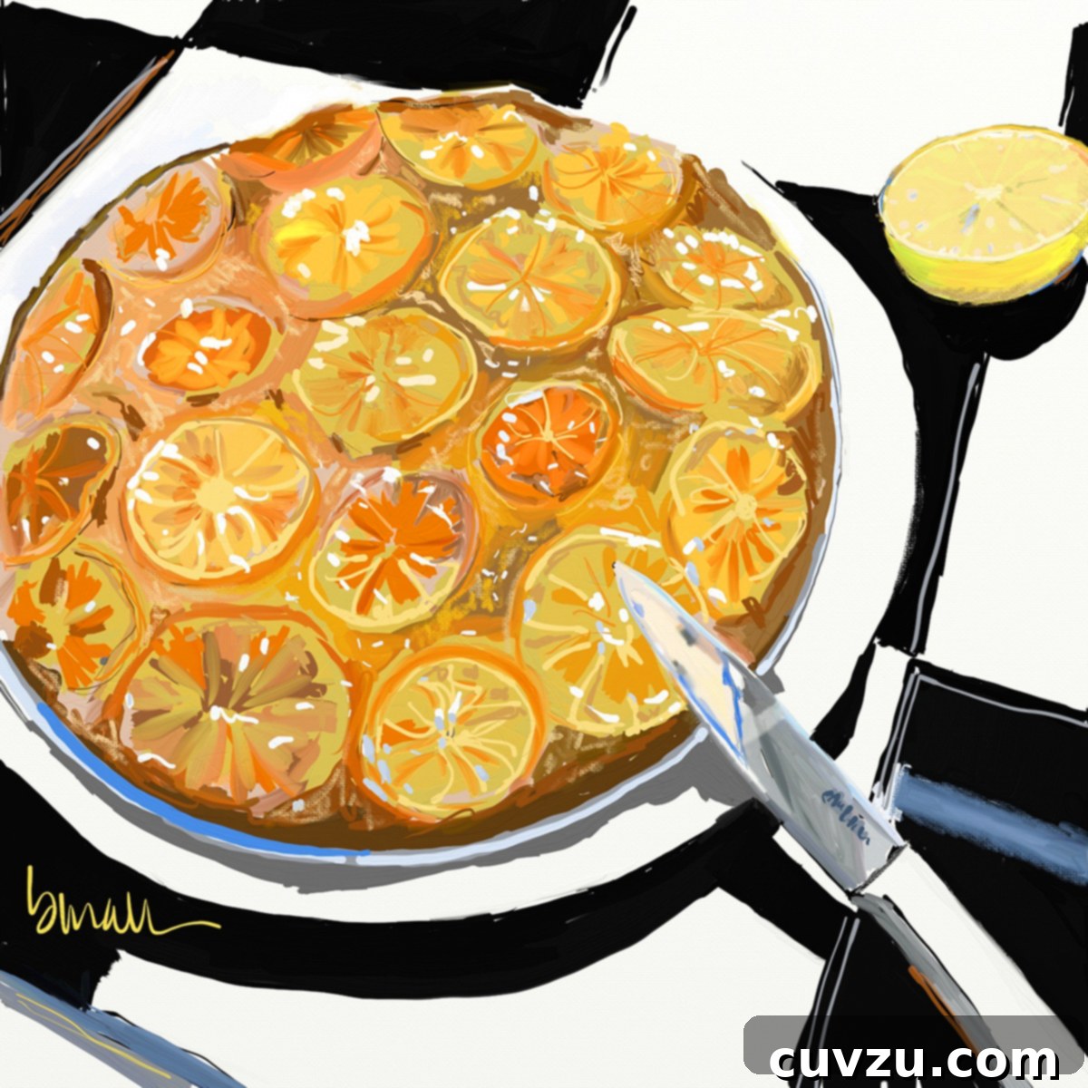 Golden Clementine Cake 3 An illustration of a clementine cake on a white plate.