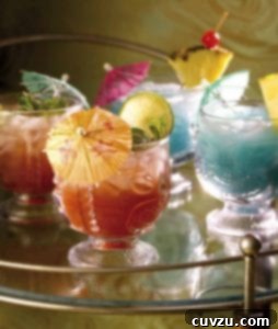 Island Dreams: Mai Tai and Blue Hawaiian 3 Two of each Mai Tai and Blue Hawaiian cocktails, in glass tiki glasses and garnished with paper umbrellas on a tray.