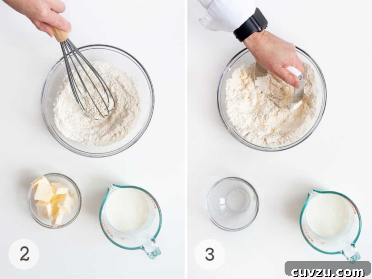 A person whisking dry ingredients together in a bowl, followed by a close-up of another person cutting cold butter into the flour mixture.