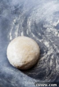 A ball of semolina pizza dough on a floured surface, ready to be shaped.