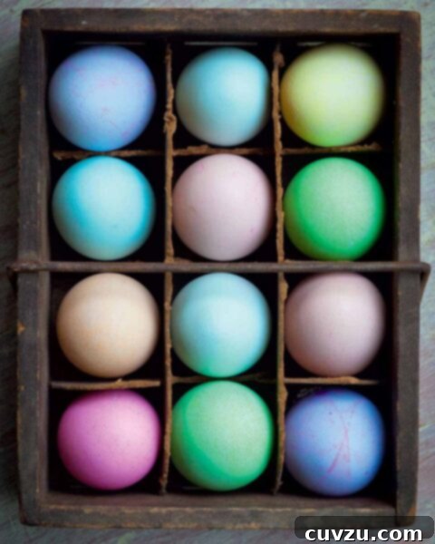 A crate filled with an assortment of naturally dyed Easter eggs.