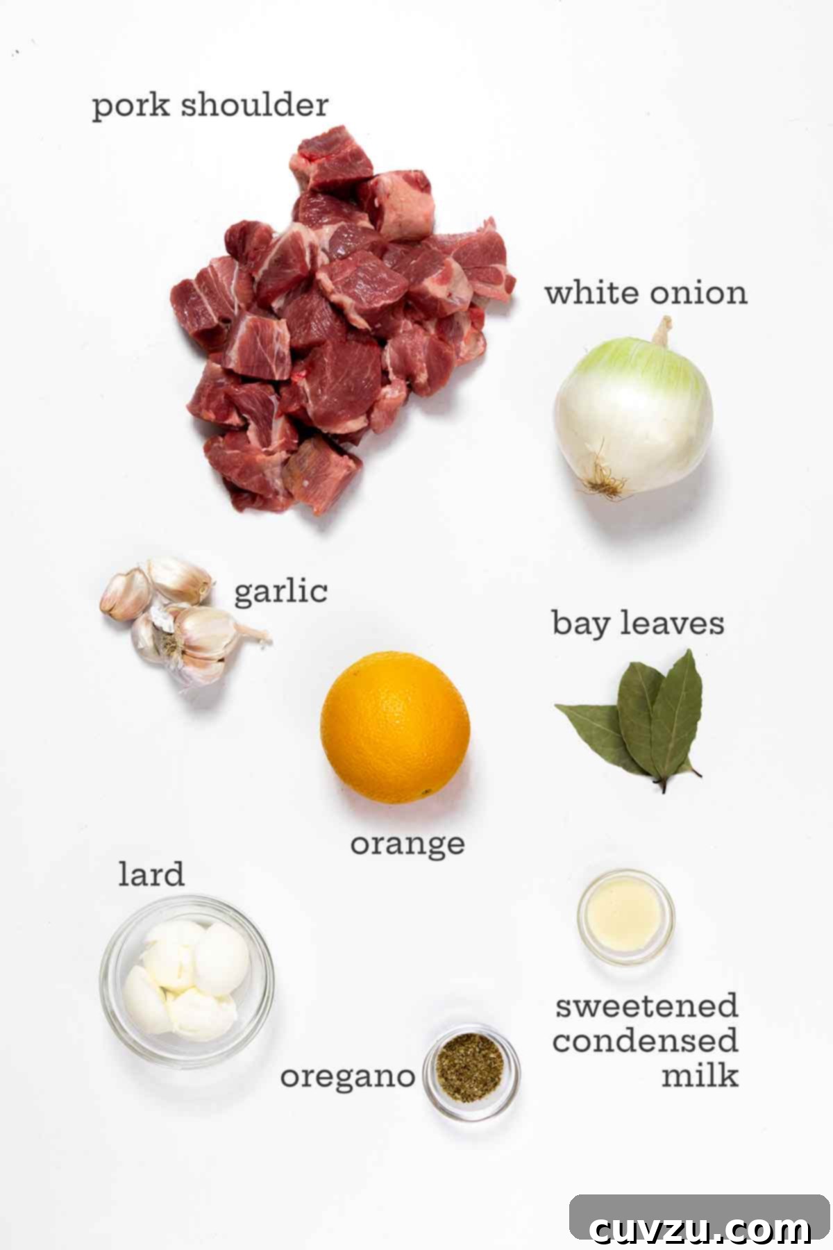 Carnitas: Authentic Mexican Braised Pork 5 Ingredients for carnitas--pork shoulder, onion, garlic, oranges, bay leaves, lard, oregano, and sweetened condensed milk.