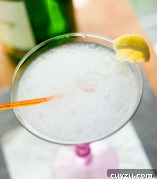 A frozen gin fizz in a martini glass with an orange stir stick and a little piece of lemon on the rim.