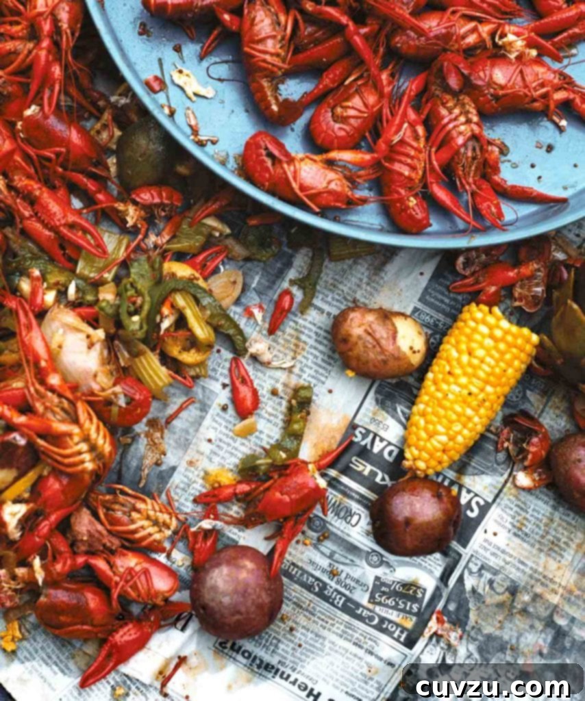 Crawfish Jamboree 2 A newspaper-topped table strewn with boiled crawfish, corn on the cob, potatoes, and peppers, ready to be enjoyed at a classic Southern crawfish boil.