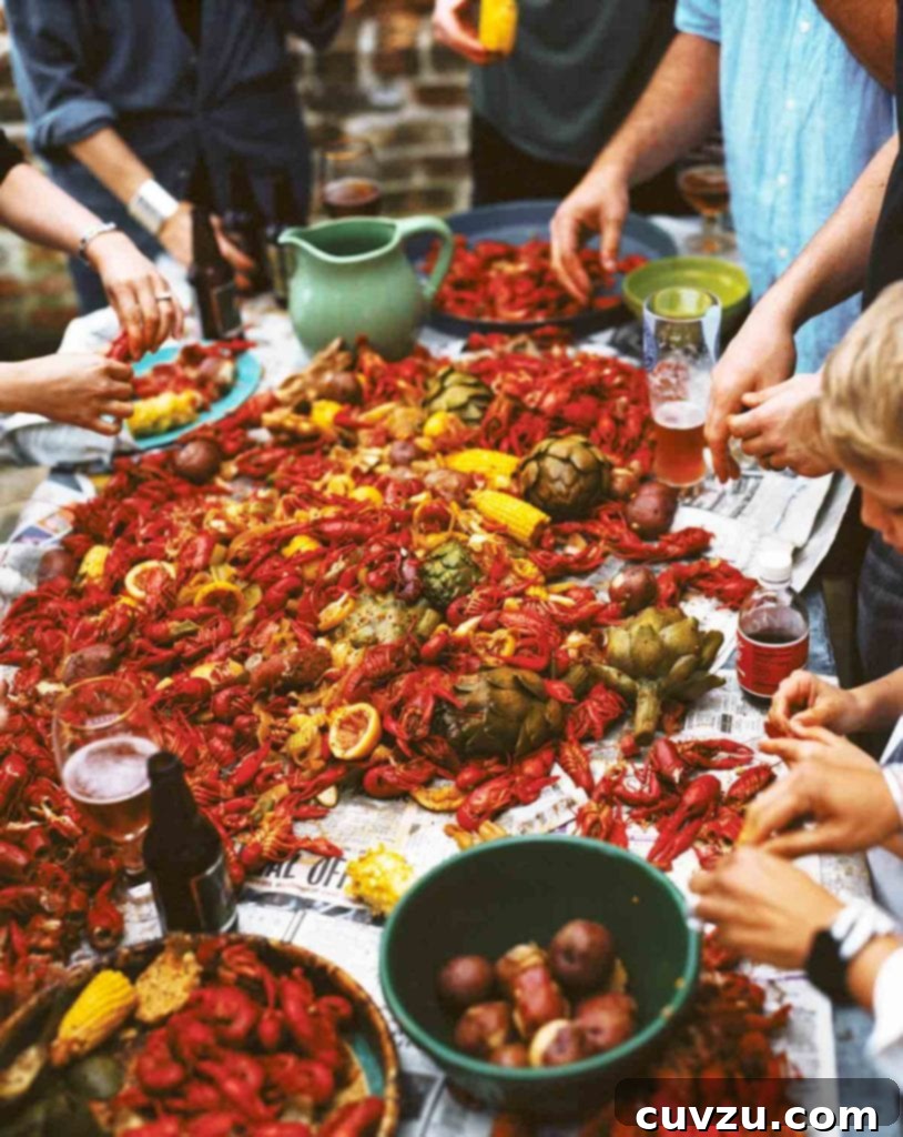 Crawfish Jamboree 3 Close-up of a crawfish boil, showcasing the vibrant red mudbugs, golden corn, and tender potatoes on a newspaper-covered table.