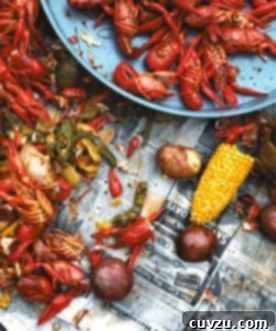 A large pot of crawfish boil with various ingredients being cooked, on a rustic outdoor setting.