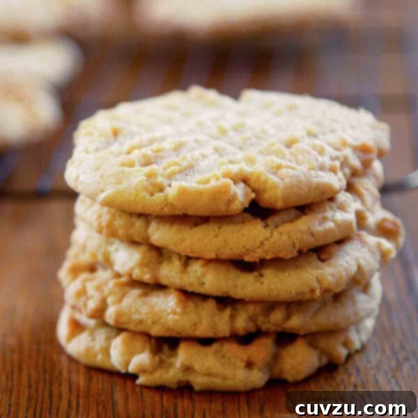 A stack of five old-fashioned peanut butter cookies, perfectly browned with classic crisscross patterns