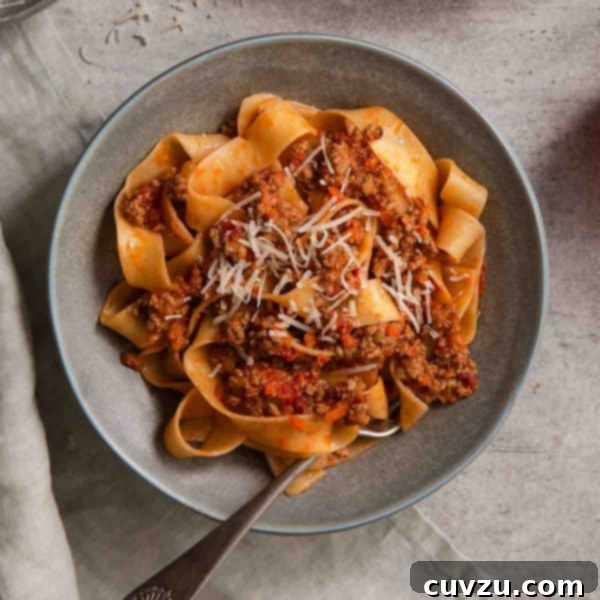 Classic Bolognese sauce on tagliatelle pasta.
