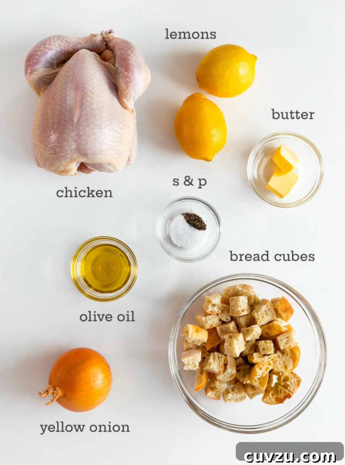Ina Gartens Bright Lemon Chicken 3 The ingredients for Ina Garten's lemon chicken -- whole chicken, 2 lemons, butter, onion, oil, and a bowl of bread cubes -- neatly arranged.