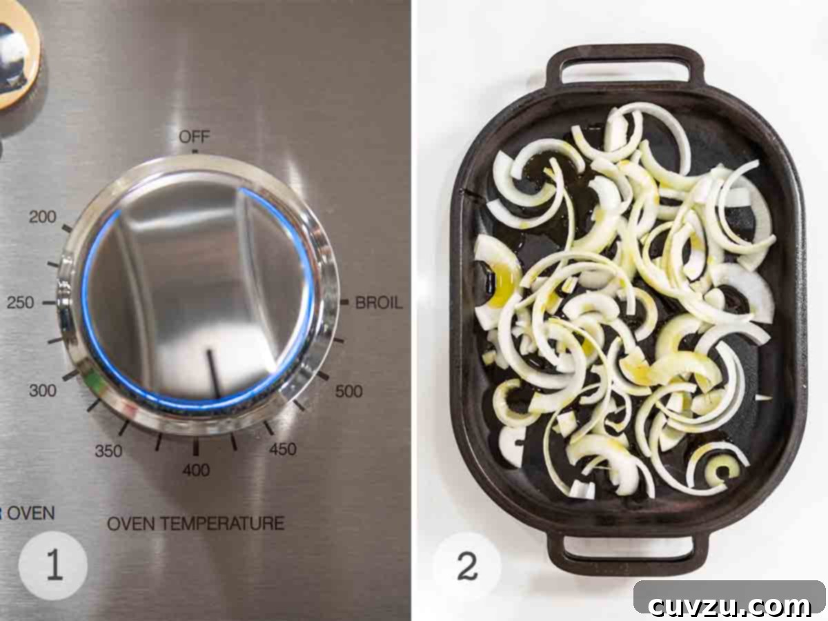 Ina Gartens Bright Lemon Chicken 4 An oven knob set to 425 degrees Fahrenheit and a black cast-iron pan with raw sliced onions, ready for roasting.