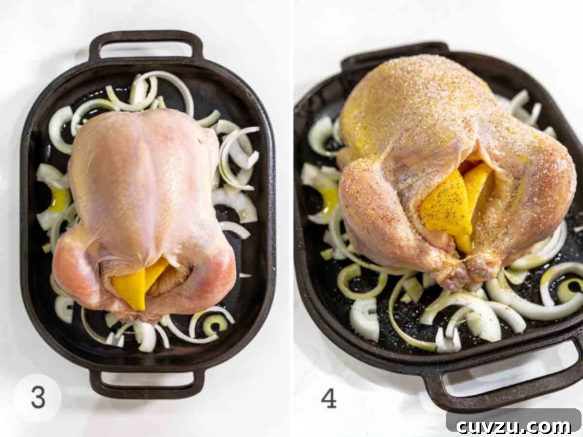 Ina Gartens Bright Lemon Chicken 5 Two raw chickens, each stuffed with lemons on a bed of sliced onions; one unseasoned and the other sprinkled with salt and pepper.